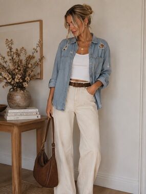 Moto Rocks Light Blue Distressed Denim Shirt
